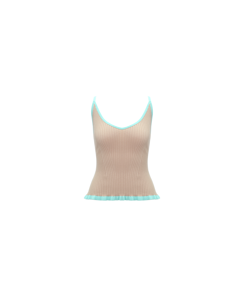 RINA TANK MINT BISCUIT | Ribbed knitted tank top designed in a contrasting biscuit and mint colour way. This staple tank can be worn many ways by adjusting the straps, giving you 4 options in 1.