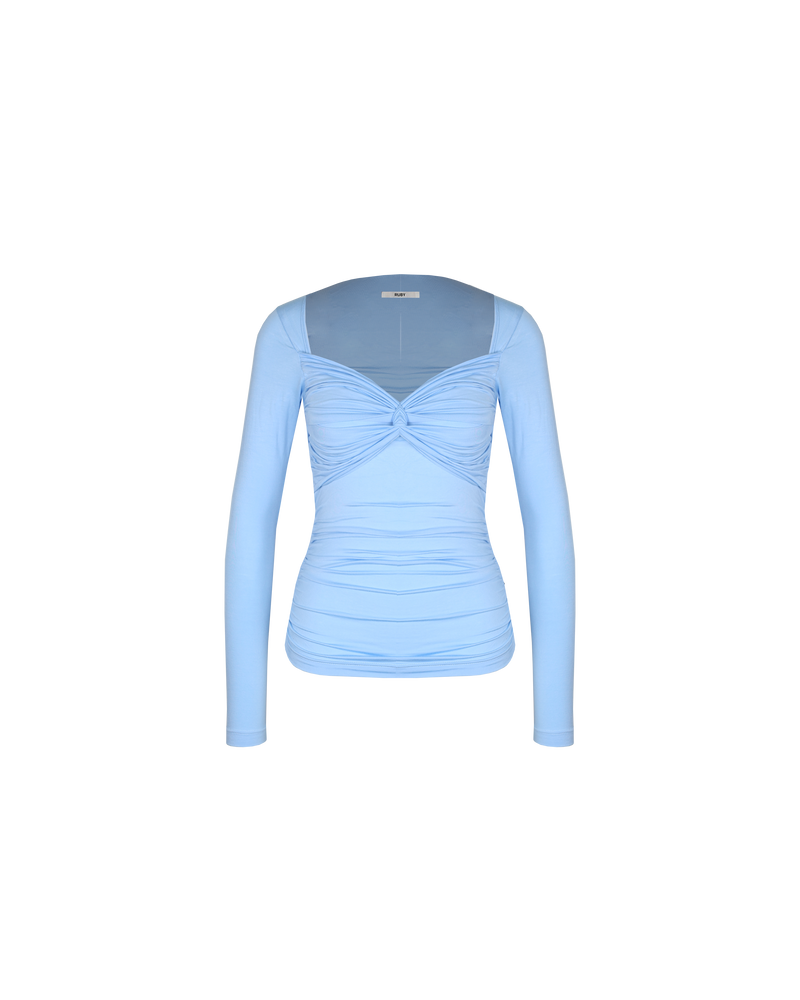 RIO KNIT LONGSLEEVE CORNFLOWER | Knit longsleeve top with a feature twist detail at the bust in cornflower blue. Ruching and the twist detail creates texture throughout.