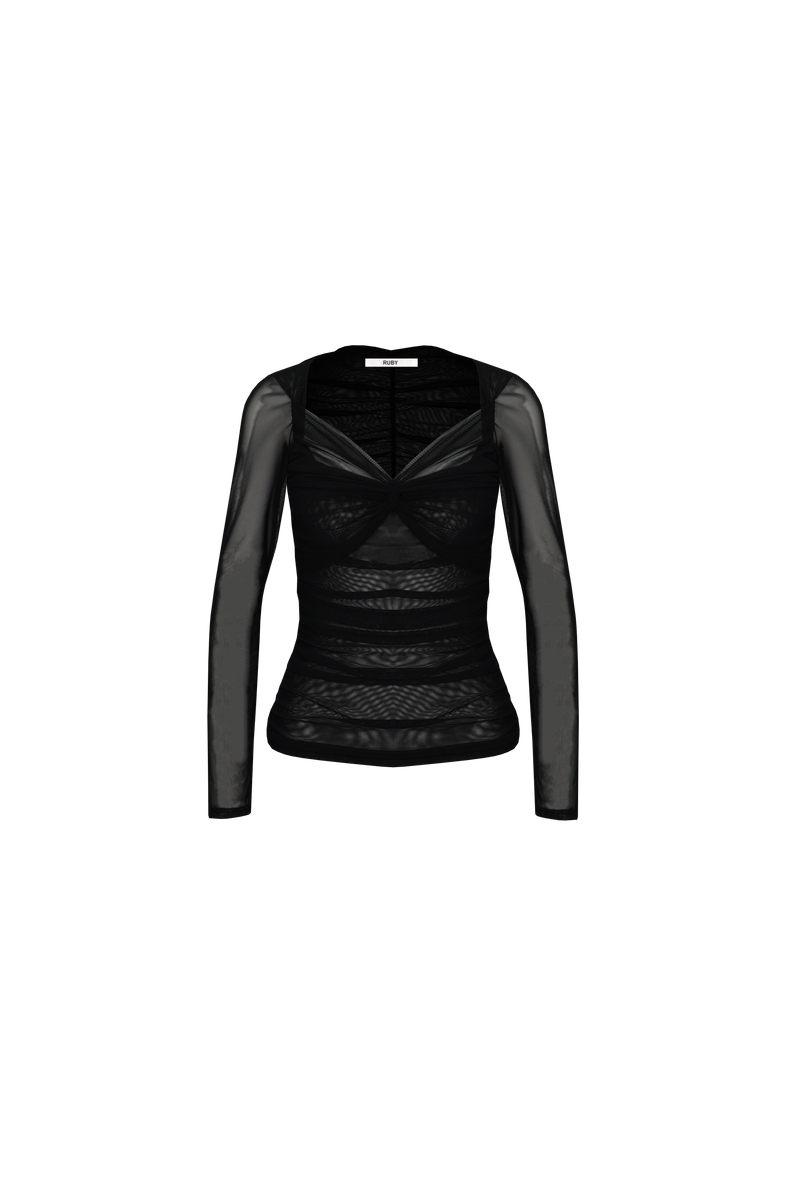 RIO MESH LONGSLEEVE BLACK | Mesh longsleeve top with a feature twist detail at the bust in black. Ruching and the twist detail creates texture throughout.