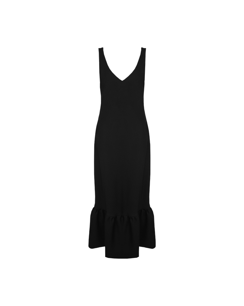 ROBIN PUFF DRESS BLACK | Slim fit bias maxi dress in with puff hem. This dress has a low, V-neckline and is sleeveless, with straps wide enough to cover bra straps.