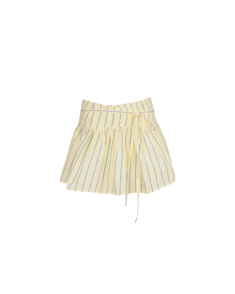 RODEO MINI SKIRT BUTTER NAVY STRIPE | Ballerina-inspired wrap mini skirt designed in a crisp butter and navy striped cotton. This skirt can be styled over pants, on its own or, you can even try tying the...