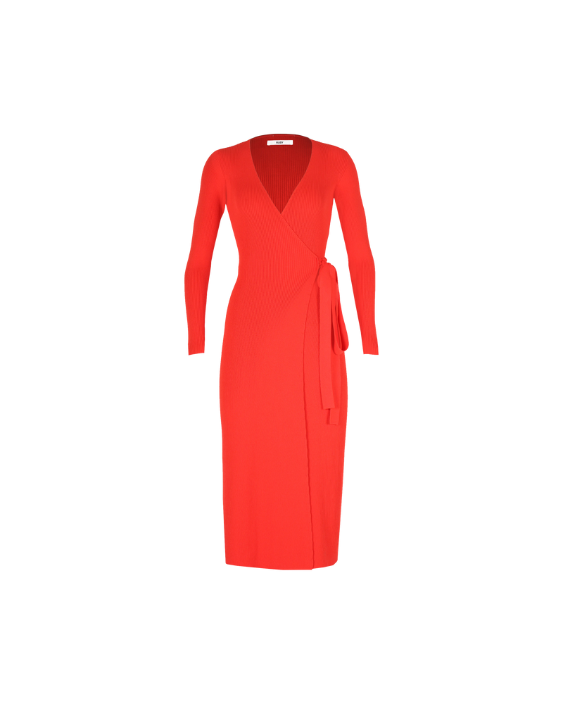 ROMA WRAP DRESS RED | Longsleeve midi wrap dress, this piece wraps at the front with waist ties, creating a V-neckline. Crafted in a medium weight vibrant red knit, this piece can be styled as...