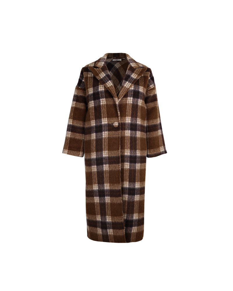 ROONEY COAT BROWN CHECK | Our sought-after Rooney Coat is back! Features an oversized drop shoulder with a wide notched lapel and full-length sleeves, in a neutral brown checked wool blend.  This coat has a...