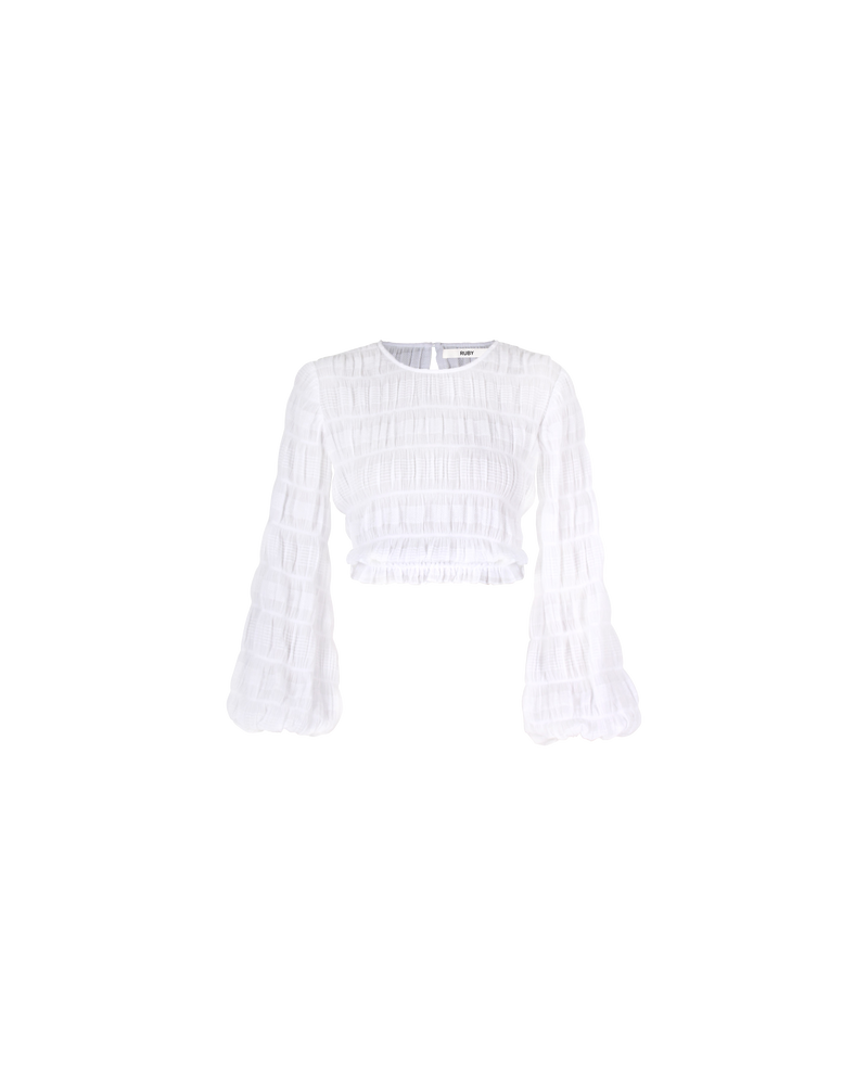 MIRELLA CROP BLOUSE WHITE | Cropped cotton blouse with full length rounded sleeves. A round neckline and elasticated hems make this piece perfect for styling crafted in signature RUBY Mirella fabric, a delicate embroidered cotton.