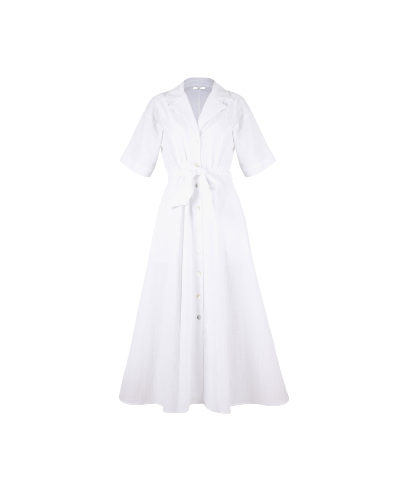 MARLEY SHIRT DRESS WHITE | The Marley Shirt Dress is a relaxed, shirt style maxi dress. It has a floaty A-line shape with a thick sash that ties up at the waist. It features a...