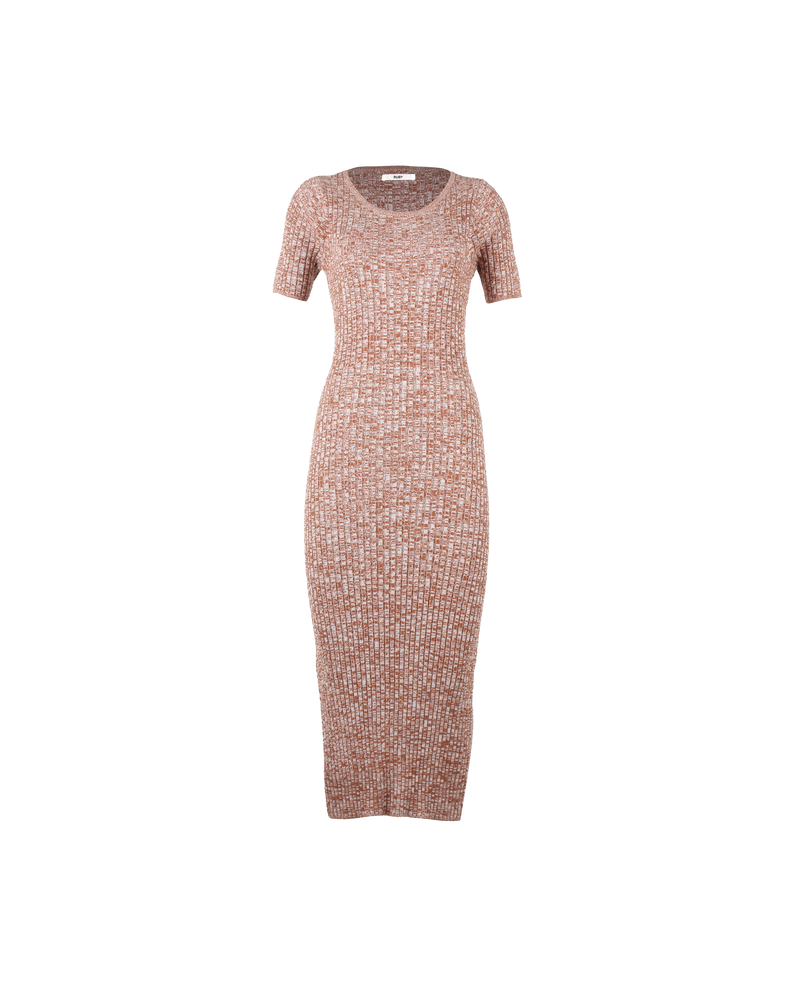 WAVES KNIT T-SHIRT DRESS COCOA MARLE | The Waves Knit T-shirt Dress is a midi length, full fashioned knit dress. It features a round, high neckline, a side split, short sleeves and ribbed detail throughout.