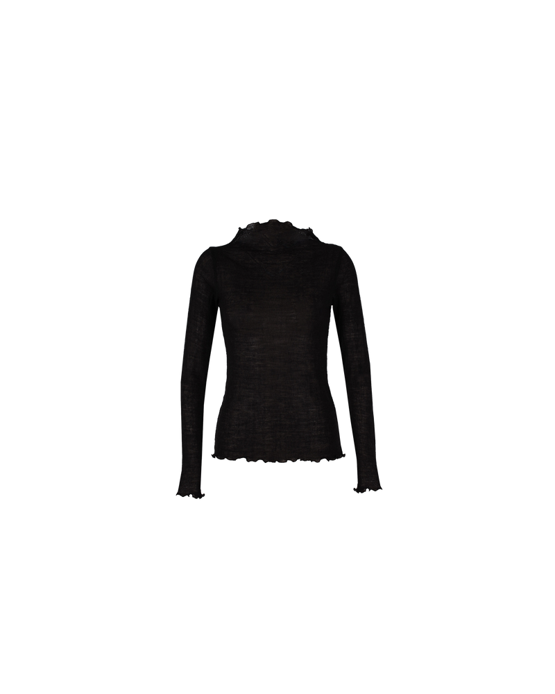 MONA SHEER TOP BLACK | The Mona Sheer top is a long sleeve fitted style top. It features baby locked hem finishing and high neck line.