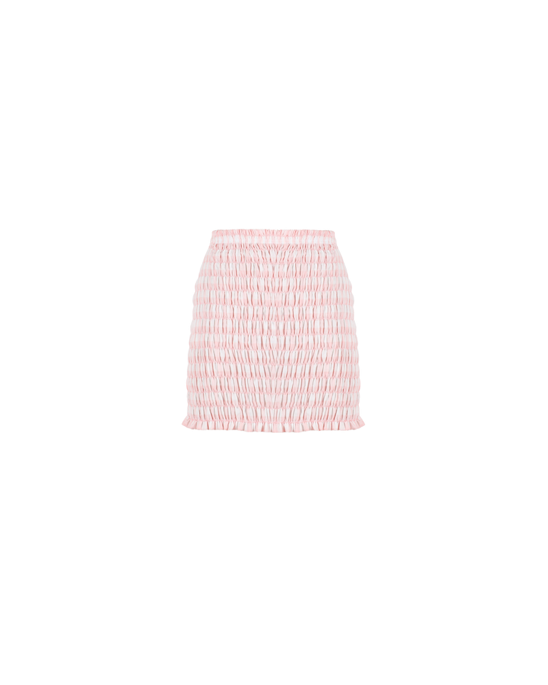 KLEIN GINGHAM MINI SKIRT PINK GINGHAM | Shirred mini skirt with ruffle hem detail, in a playful pink gingham. The shirring fits to form while the ruffle hem adds to the piece.