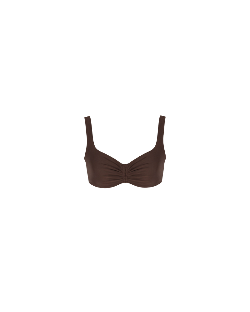 DOLPHIN TOP COCOA | Bikini top cut in a sweetheart neckline. Designed to complement the shape with ruched detailing, it's complete with removable padding and a tie back to customise the fit.