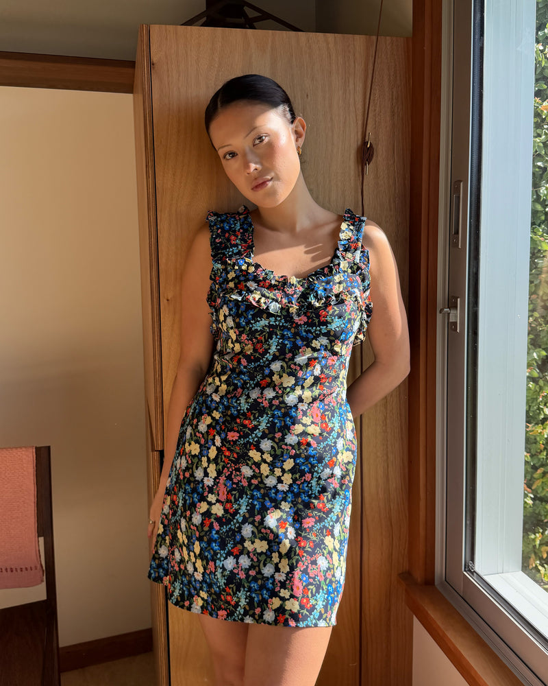 PASSIONFRUIT MINI DRESS SPRINKLE FLORAL | Mini slip dress with ruffle details, designed in our colourful sprinkle floral print. With a soft vintage look, this is the perfect light-weight summer dress, or a cute layering piece for cooler weather. 