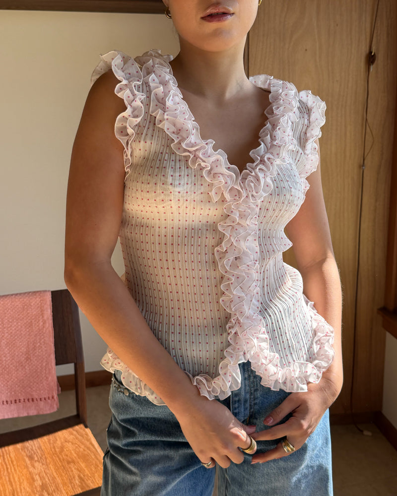 CHELSEA CRINKLE TANK POLKA DOT | An update on our Chelsea Crinkle Top, this pink polka dot recycled chiffon tank features ruffles along all the seams. This top is the perfect statement piece for any occasion, from office-wear to a night out. Pair it with your...
