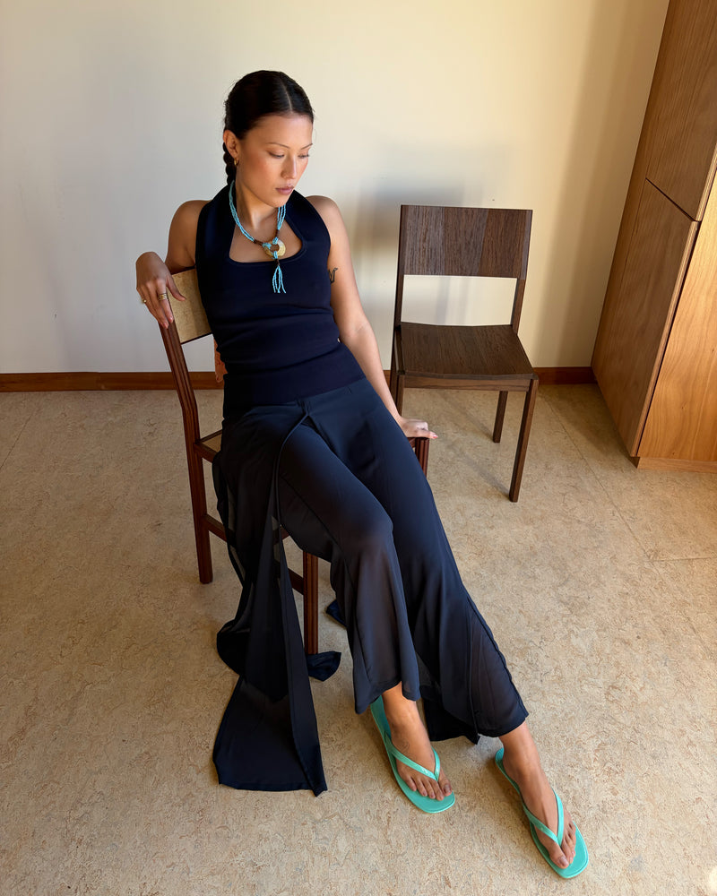 CASETTE PANT NAVY | Vintage inspired pant designed in a luxe navy chiffon. This pant features a floaty over-layer that glides with you as you walk and a high waisted fit. Dress up by adding your favourite blazer, or pair with your favourite tank...