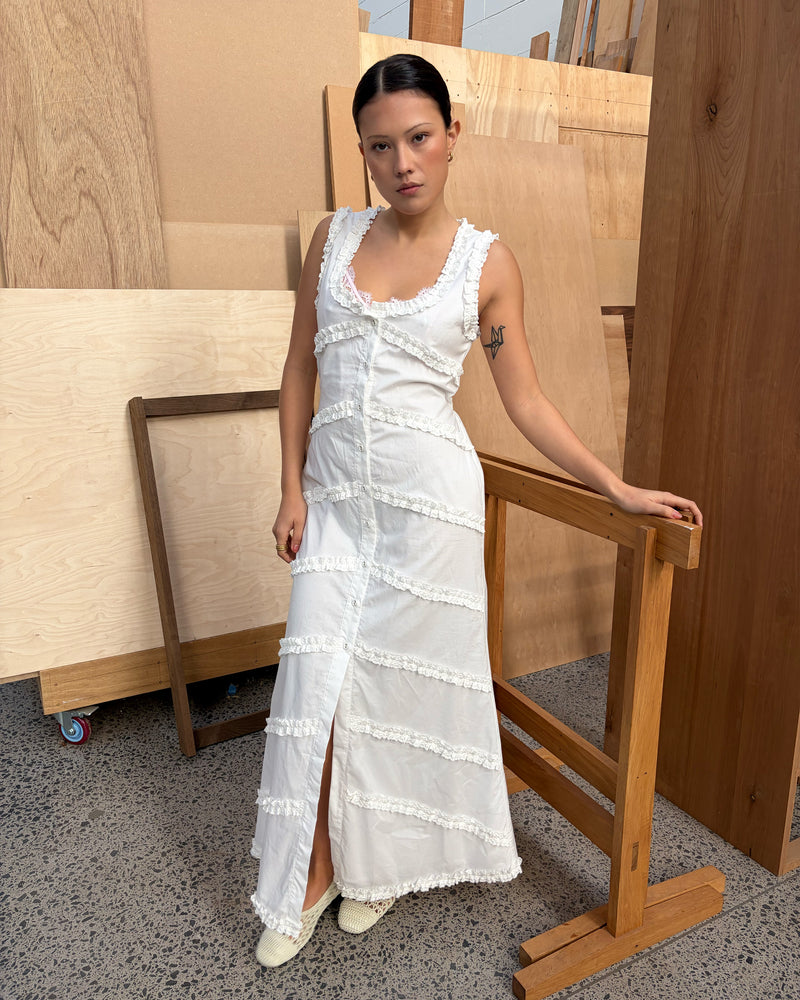 MARTHA MAXI DRESS WHITE | An update to our Martha Mini Dress, this dress is designed in an organic cotton, lined for minimal sheerness, and features ruffle detailing throughout. An essential addition to your wardrobe for any weather, or your new go-to vacation outfit. Style over...