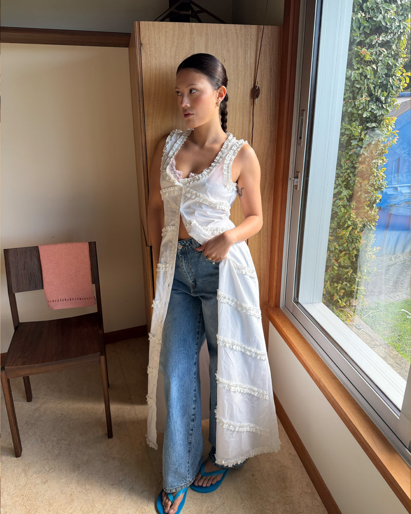 MARTHA MAXI DRESS WHITE | An update to our Martha Mini Dress, this dress is designed in an organic cotton, lined for minimal sheerness, and features ruffle detailing throughout. An essential addition to your wardrobe for any weather, or your new go-to vacation outfit. Style over...