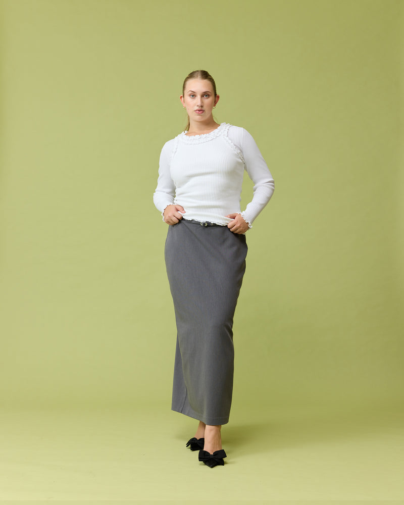 RUE PENCIL SKIRT CHARCOAL | Suit style maxi skirt with a detachable belt with eyelet detailing. This skirt features a back split for ease of movement and back pockets.