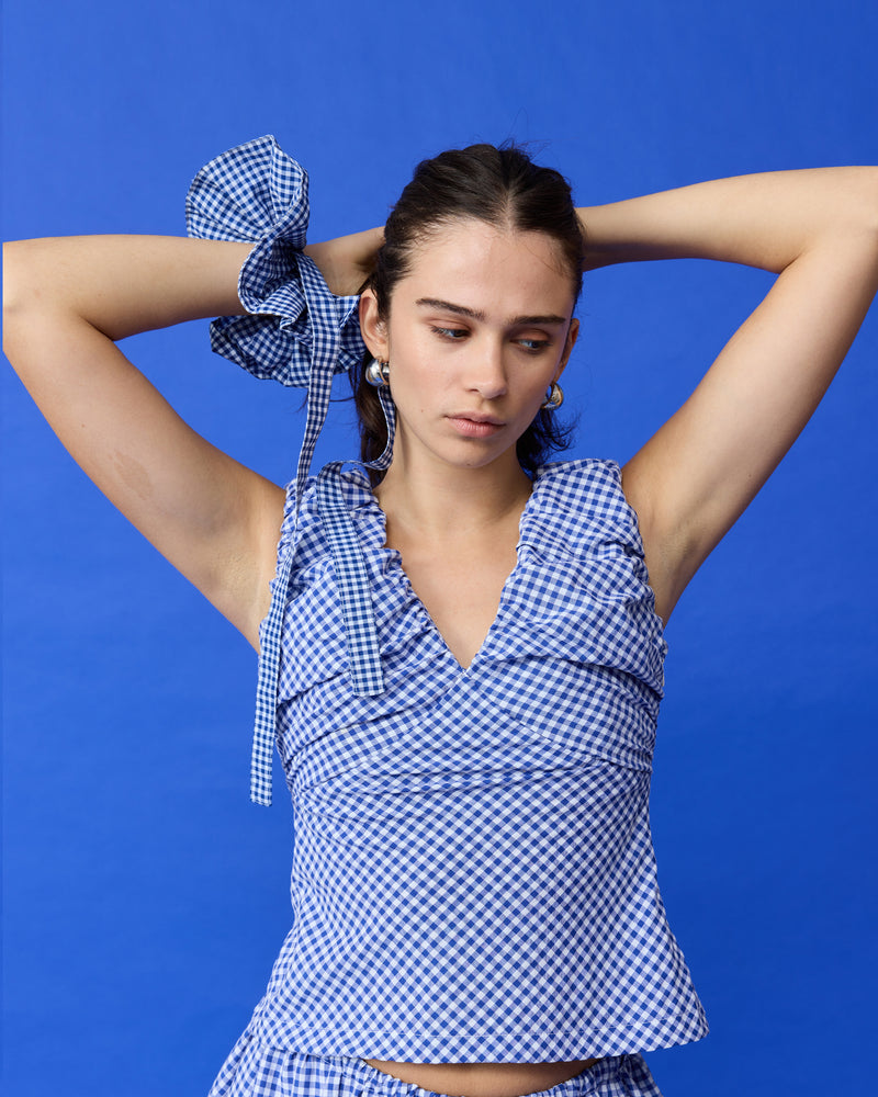 RUBY X EMMA JING SCRUNCHIE COBALT GINGHAM | Oversized cobalt gingham scrunchie featured as part of Summer Fling with Emma Jing, our Holiday 2024 collaboration with local Aotearoa designer, Emma Jing. A fun take on a classic scrunchie.