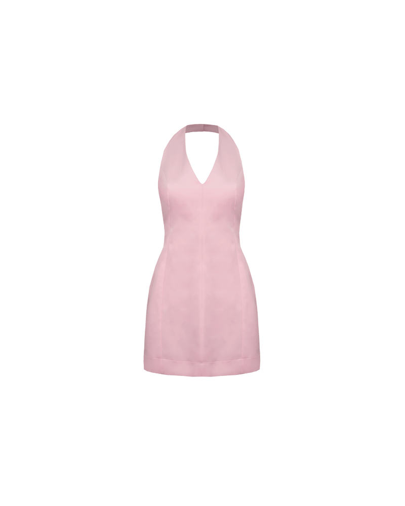 CHER HALTER MINI DRESS SOFT PINK | Satin mini dress designed with a halter neckline, in a soft pink heavy-weight satin. Features paneling through the body and a slight A-line finish.
