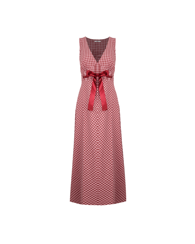 FLORY DRESS PINK BURGUNDY GINGHAM | Sleeveless sundress with a V-neckline, designed in a contrasting pink and burgundy gingham. This dress has all the details covered, with a pleated under bust and contrast colour adjustable ribbon,...