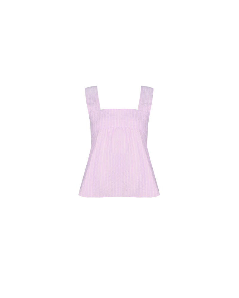 MARGIE TIE-BACK TOP LILAC STRIPE | Cotton sleeveless top with a square band at the bust. Features a bow tie detail at the back and a cut-out, the cutest summer top worn with your favourite denim....