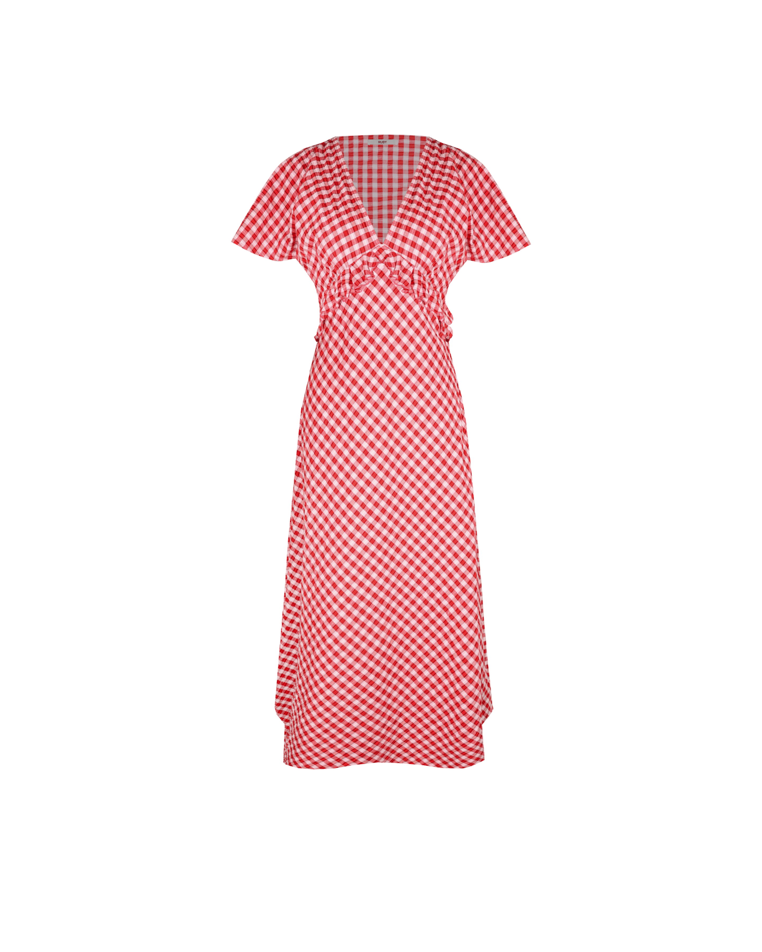 PETAL RUFFLE MIDI DRESS RED LILAC TARTAN | RUBY