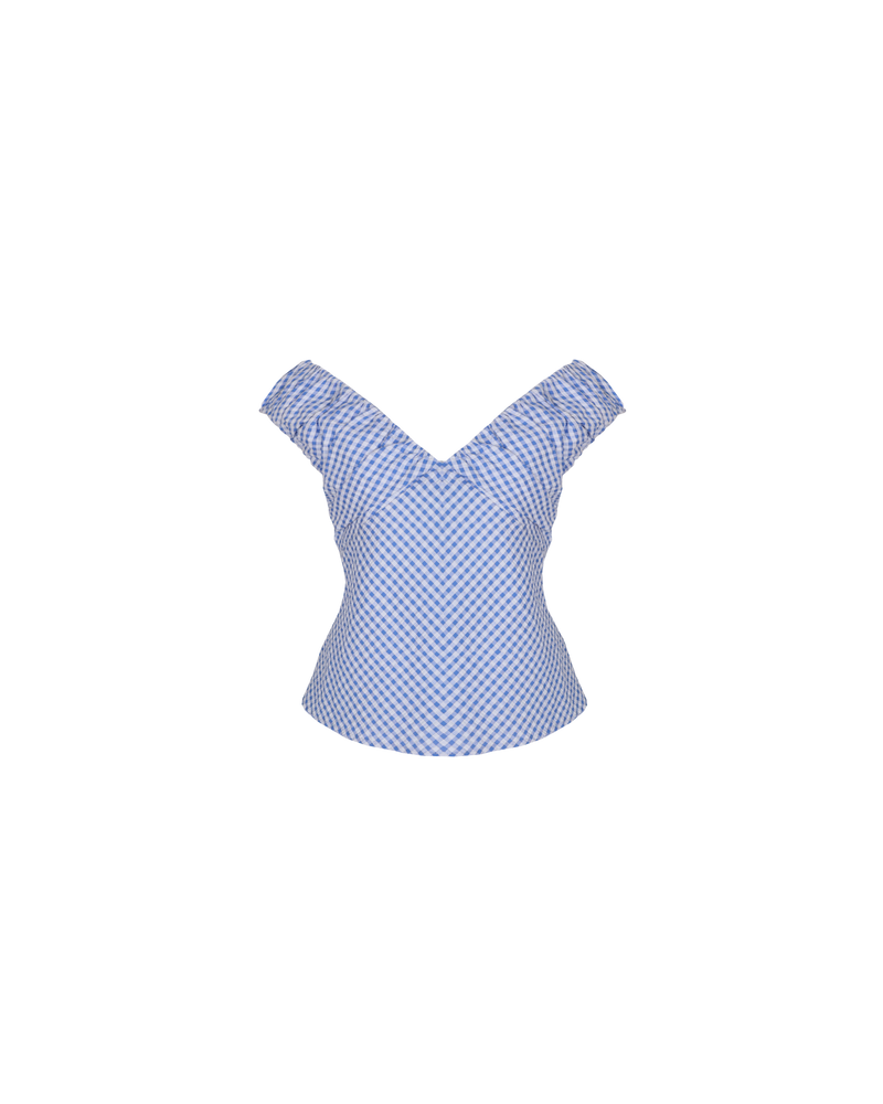 RAQUEL TOP BLUE GINGHAM | Crafted in a cobalt gingham fabric with ruched detailing at the bust, this top can be worn on or off the shoulder. The tailored fit is designed to sit close...