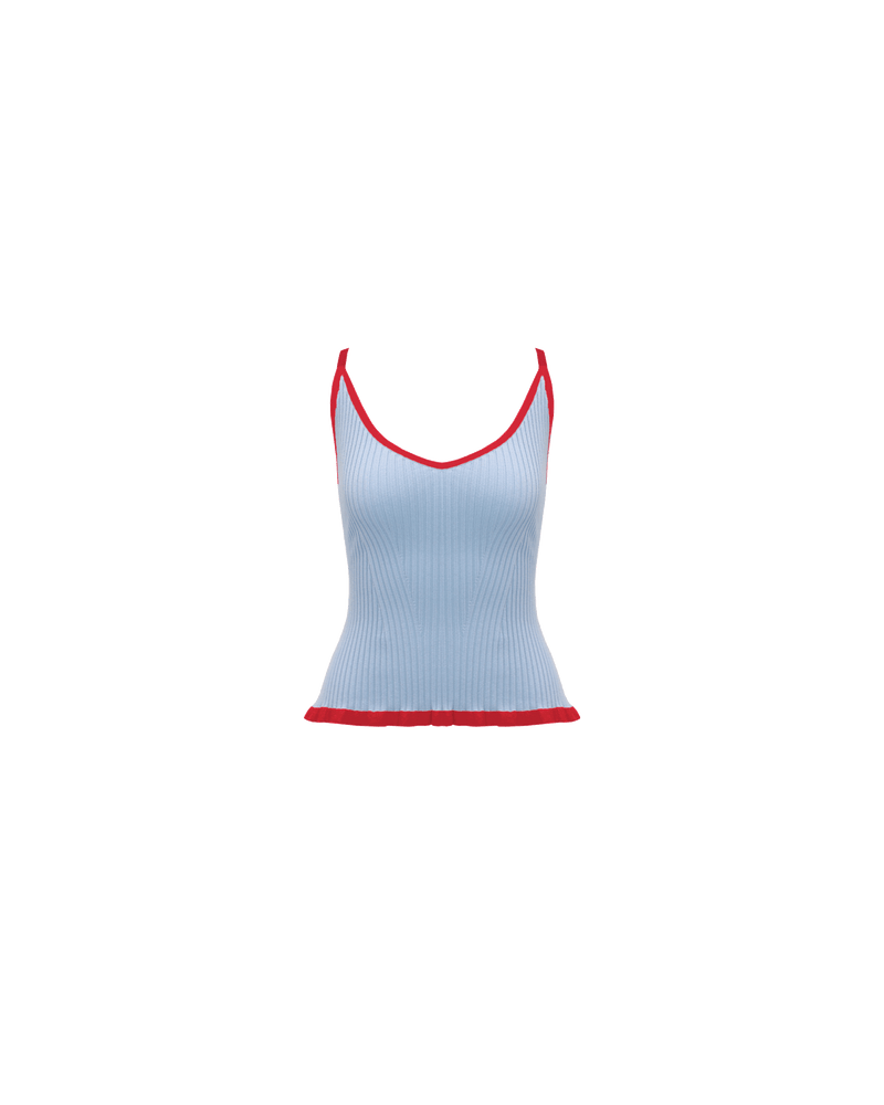 RINA TANK BLUE CHERRY | Ribbed knitted tank top designed in a contrasting blue and cherry colour way. This staple tank can be worn many ways by adjusting the straps, giving you 4 options in...