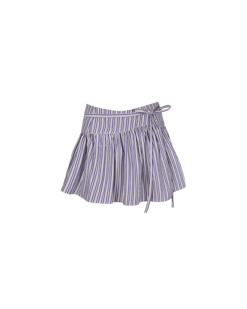 RODEO MINI SKIRT NAVY STRIPE | Ballerina-inspired wrap mini skirt designed in a crisp navy striped cotton. This skirt can be styled over pants, on its own or, you can even try tying the wrap as...