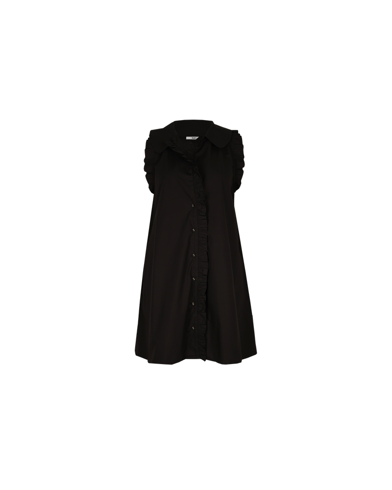 SANDLER MINI DRESS BLACK | Button down cotton mini dress with a feature ruffled collar and ruffles down the placket. Feature side pockets and an A-line silhouette.