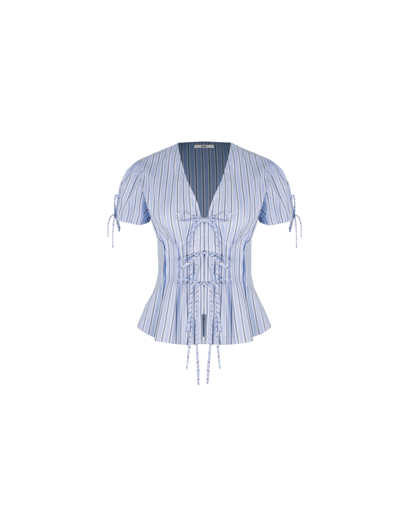 SIMONA BLOUSE BLUE SKY STRIPE | Short-sleeve cotton blouse, designed with pleating and a tie front closure. Simple and sweet, this top has a bit of stretch to ensure a good fit and a placket behind...