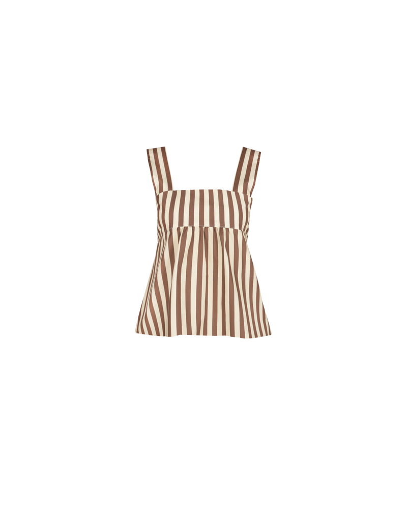 MARGIE TIE-BACK TOP BROWN BUTTER STRIPE | Cotton sleeveless top with a square band at the bust. Features a bow tie detail at the back and a cut-out, the cutest summer top worn with your favourite denim...