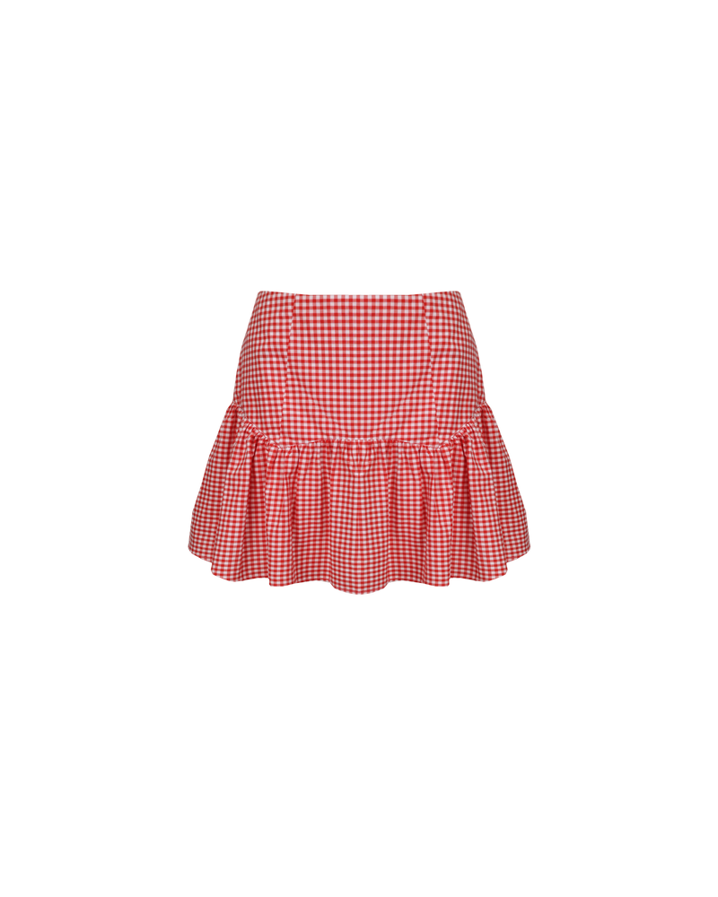 TRULLI MINI SKIRT RED GINGHAM | Floaty, basque style mini skirt imagined in red gingham cotton. This skirt features a dropped bodice style waistline, that falls to a full skirt.