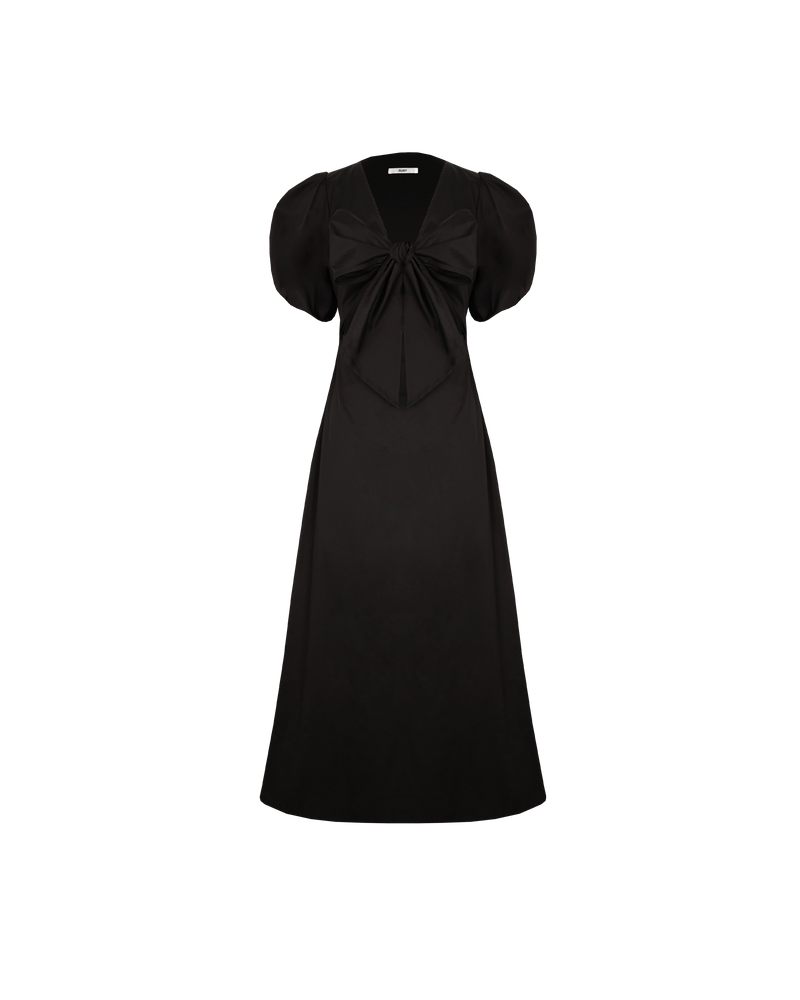 ALINA BOW DRESS BLACK | A-line midi dress designed in a crisp black cotton. Features a puff sleeve and a plunge V-neckline with a tie at the front.