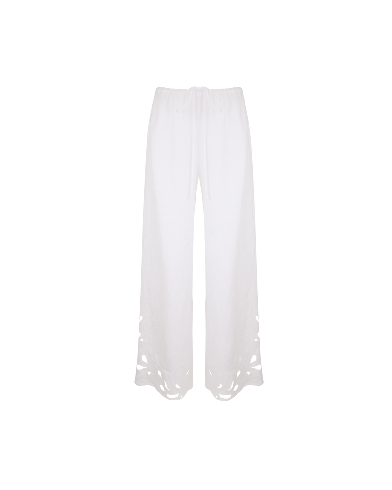 ANDIE LINEN PANT WHITE EMBROIDERY | Palazzo style elastic waist pants with a tie, in a light cotton with a feature broderie cut-outs at the hems. These pants are high waisted, uncomplicated, and classically cool. Make...