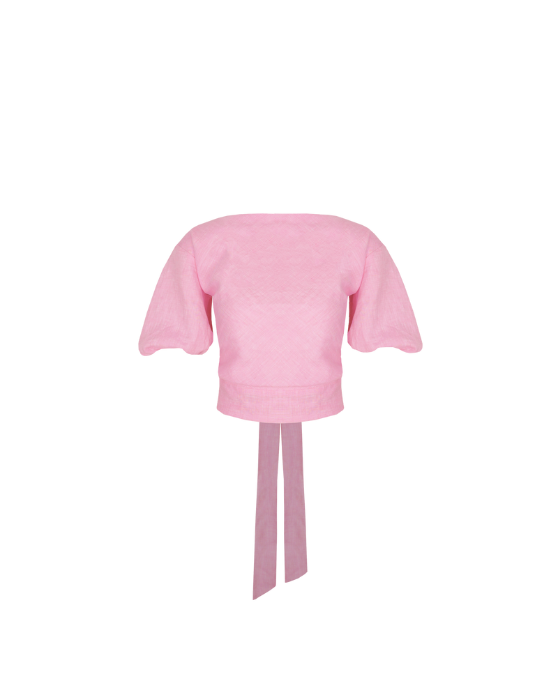 AVALON LINEN BLOUSE PINK | Cropped wrap blouse crafted in a light weight pink coloured linen. Tie this piece at the back for a low bow feature or crossed over with the tie detail at the...