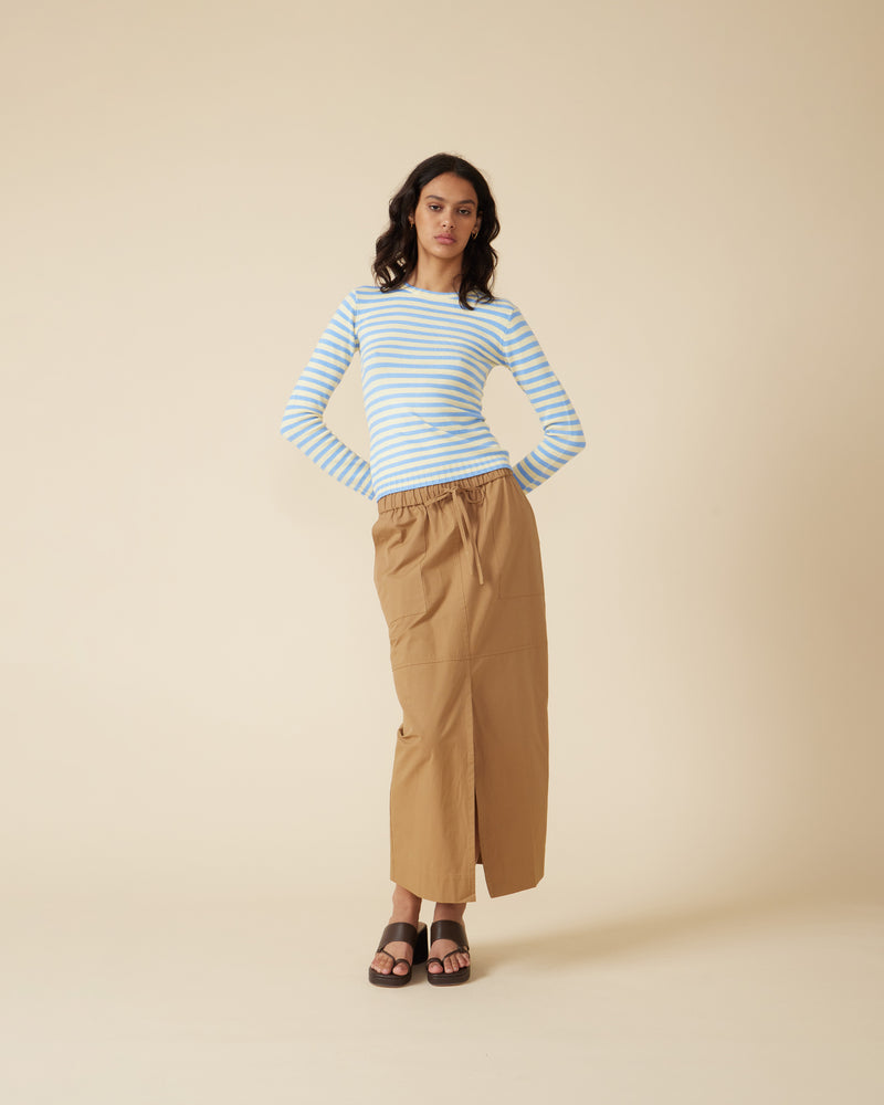 ESME LONGSLEEVE BLUE BUTTER STRIPE | Long sleeve blue and butter striped top, with a super soft handfeel in a mid-weight viscose blend knit. This piece will become an everyday staple.