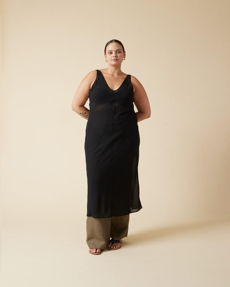 MAISIE DRESS BLACK | Sheer sleeveless midi dress designed with wide straps and french-seamed panel detaling down the body. This dress can be styled as a layering piece or on its own.