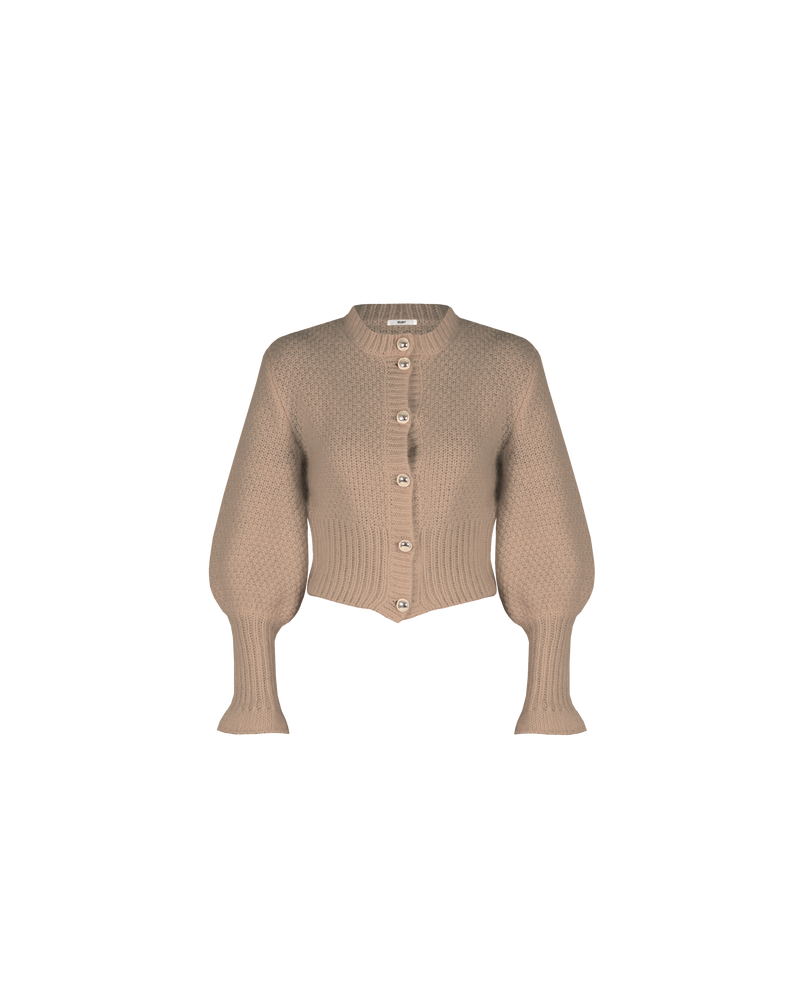 MATILDA CARDIGAN HAZELNUT | Button-down cardigan with gold metallic dome buttons and a slightly puff-shouldered silhouette. Features an exaggerated flute cuff crafted in a chunky mohair and wool blend.