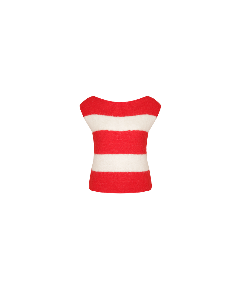 MILO VEST CHERRY STRIPE | 90's inspired striped vest designed in a soft and fluffy wool blend. This vest has a high boat-style neckline and wide white and red stripes, perfect paired with denim.