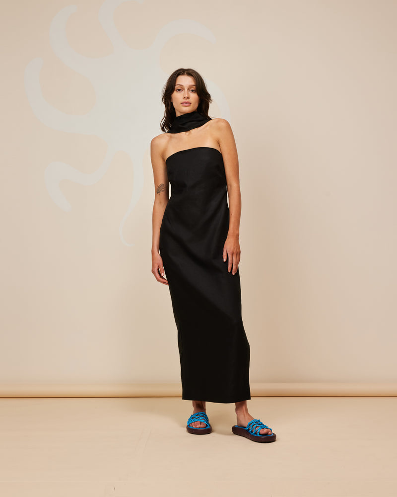 AVA LINEN SASH DRESS BLACK | Strapless linen dress with a black detachable sash, that has a fitted bodice and falls to an ankle length. Cut in a black linen, this dress can be easily dressed up...