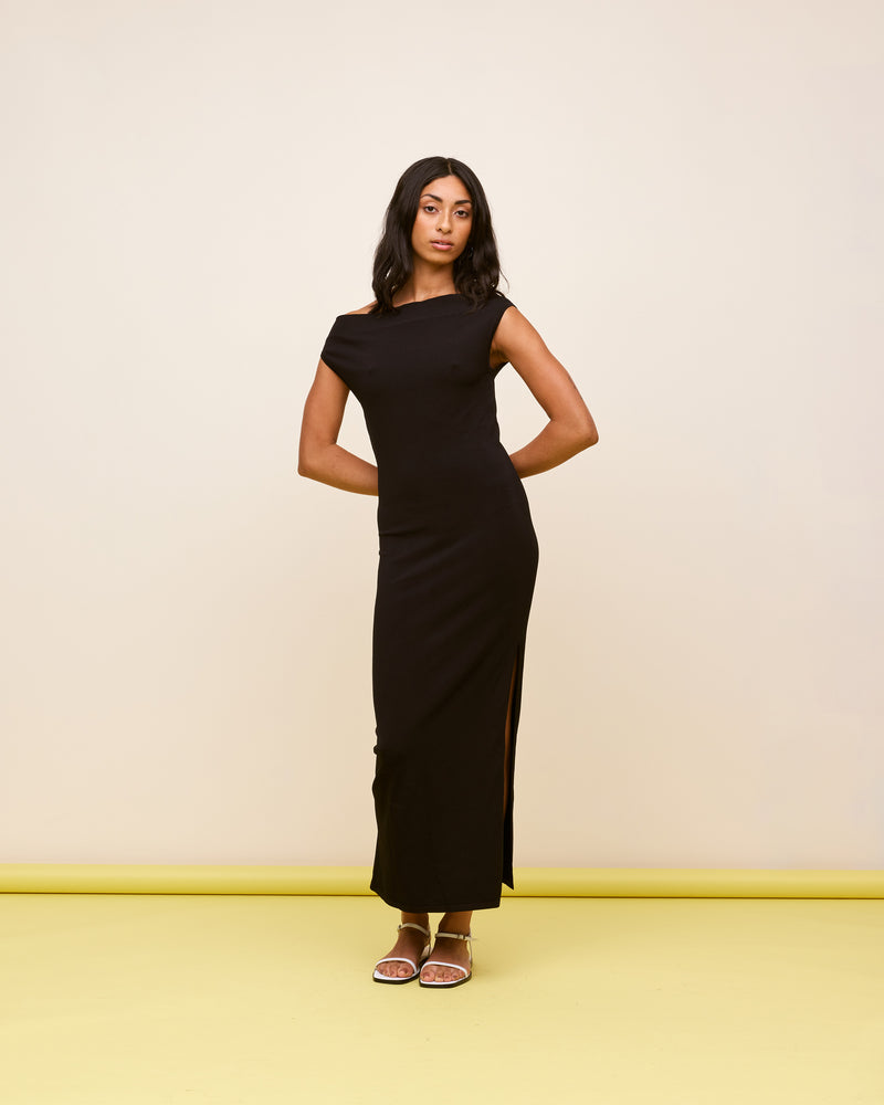 EMMA KNIT DRESS BLACK | Off-shoulder midi dress crafted in a mid-weight knit. This dress is simple yet elegant and can be worn on or off the shoulder. 