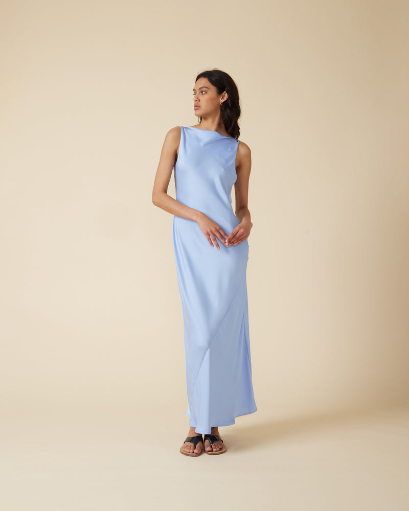 FIREBIRD COWL GOWN SERENITY | Sleeveless midi dress crafted in rich serentiy blue satin. Features a minimal silhouette with a cowl back detail and a tie to cinch in the waist.