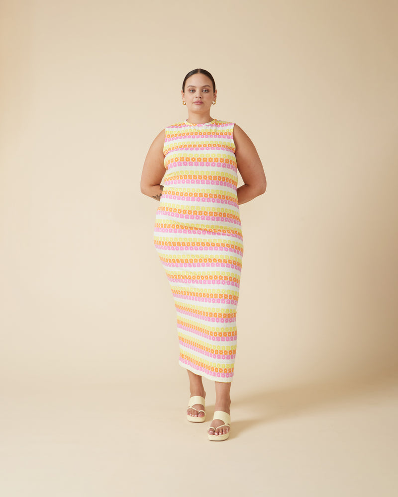 GOLDIE MAXI DRESS PINK MULTI | Rubettes you may recognise this iconic RUBY daisy floral… Imagined in a new pink, orange & yellow print, Goldie is back! Spring is here with the Goldie sleeveless knitted maxi...