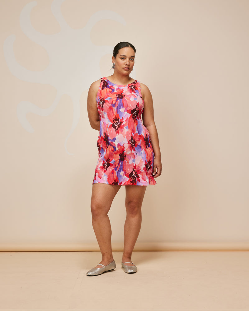 JAQUETTA CRINKLE MINIDRESS POPPY FLORAL | Tank style minidress designed in vibrant crinkle floral fabric. This dress slightly A-line in shape, creating a soft floaty look which compliments the floral print.