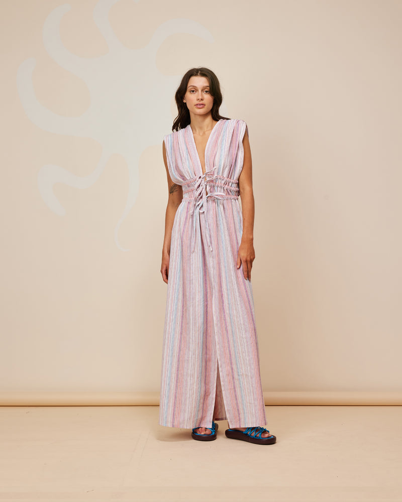  JEWEL TIE DRESS MULTI STRIPE | Sleeveless maxi dress with a plunge neckline, triple drawstring detail at the waist, and a front split, designed in a textured tonal stripe. Use the drawstrings to style the dress with...
