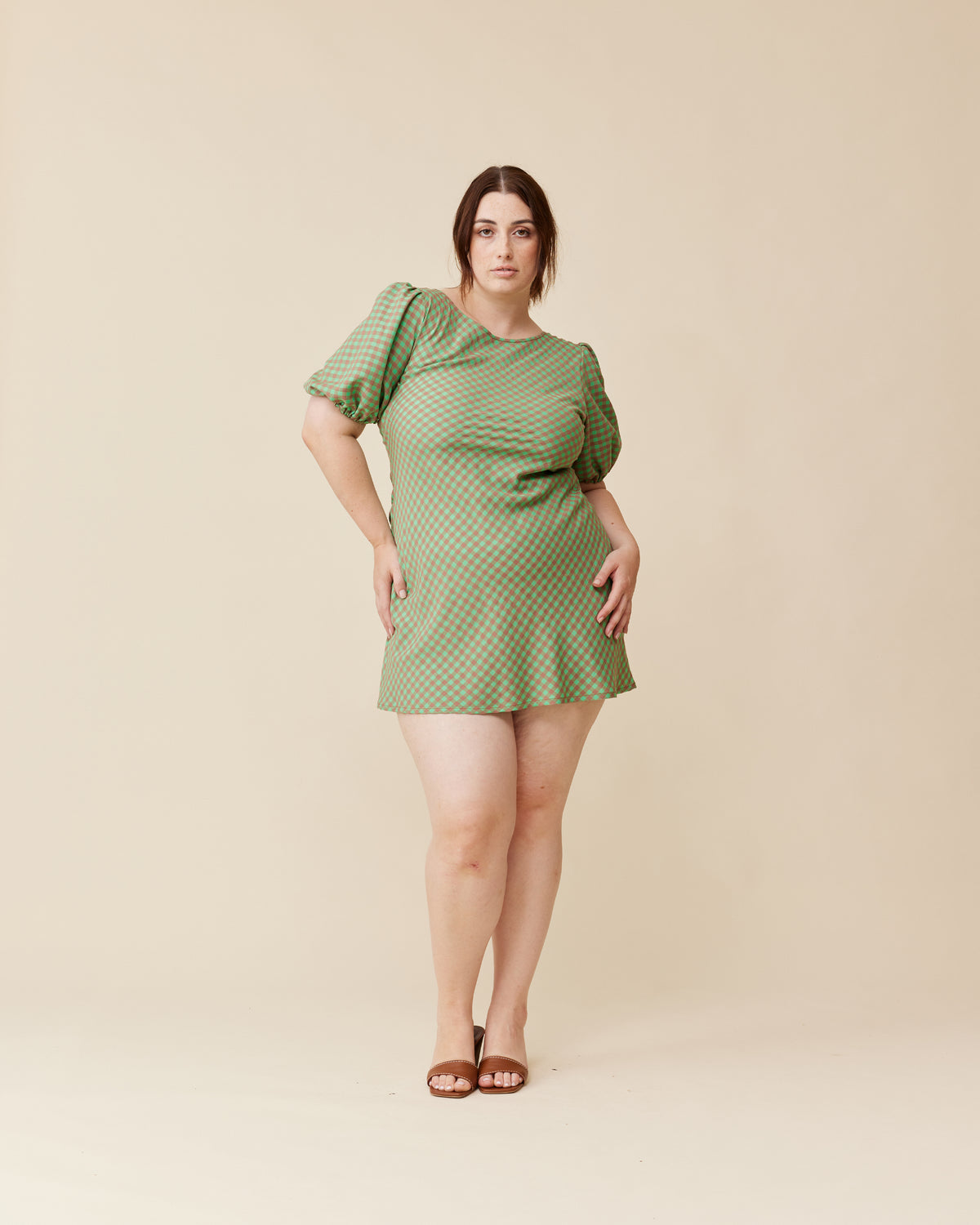 KENDALL GINGHAM MINI DRESS GREEN AND BROWN GINGHAM