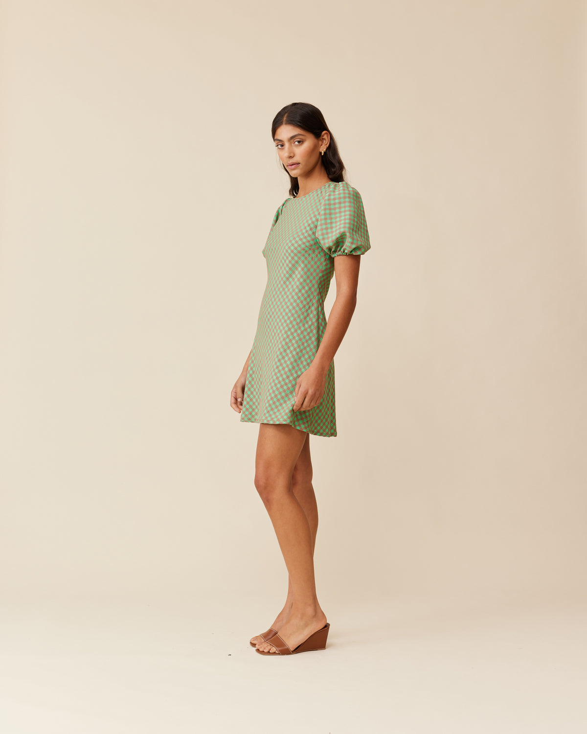 KENDALL GINGHAM MINI DRESS GREEN AND BROWN GINGHAM