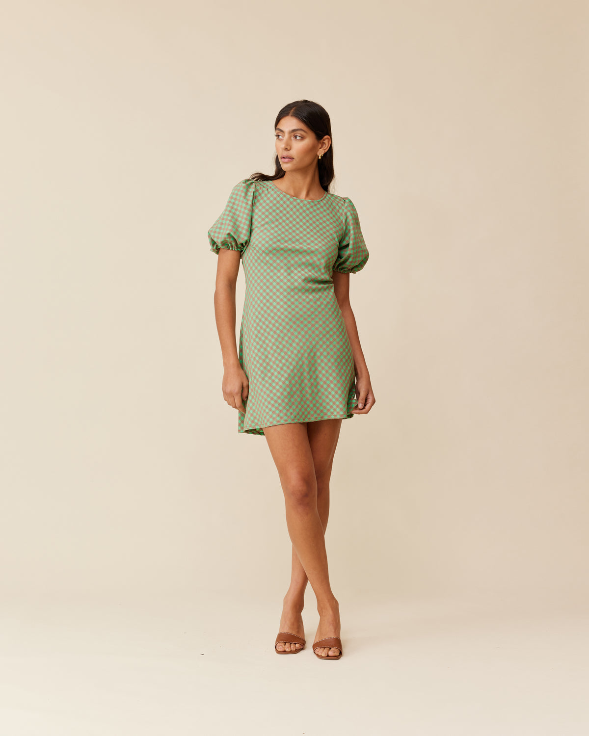 KENDALL GINGHAM MINI DRESS GREEN AND BROWN GINGHAM
