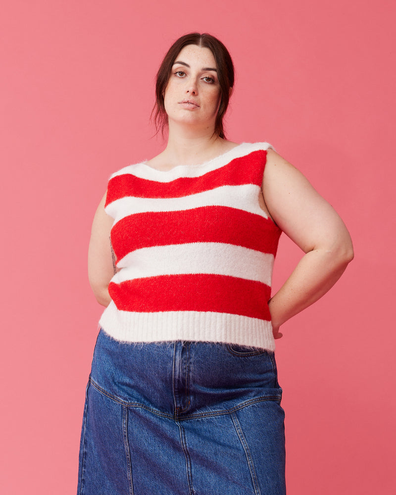 MILO VEST CHERRY STRIPE | 90's inspired striped vest designed in a soft and fluffy wool blend. This vest has a high boat-style neckline and wide white and red stripes, perfect paired with denim.