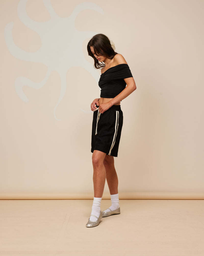 CORVETTE SHORT BLACK | We've given this Rubette favourite an update for the warmer weather! Enter the Corvette Short. Sits mid-thigh with a relaxed leg. Features a sporty double stripe down the side seams,...