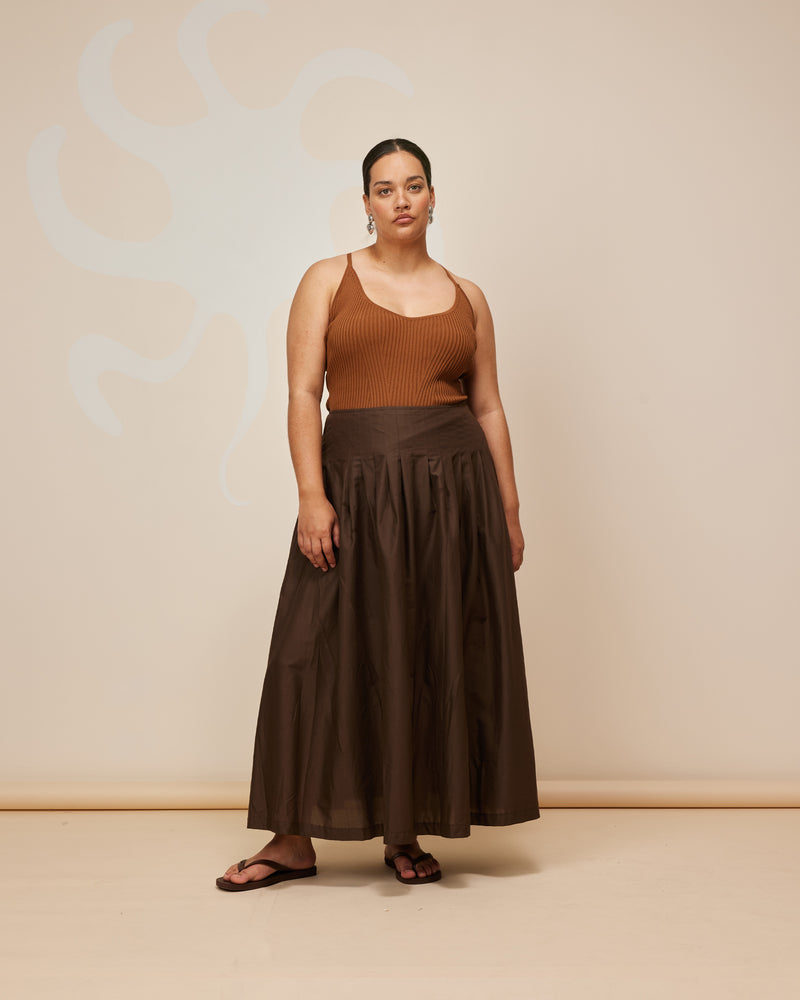 SANDLER SKIRT CHOCOLATE | Tennis style maxi skirt with a pleated drop waist. Designed in a soft, chocolate cotton voile, this skirt is floaty when you walk and is cool to wear.